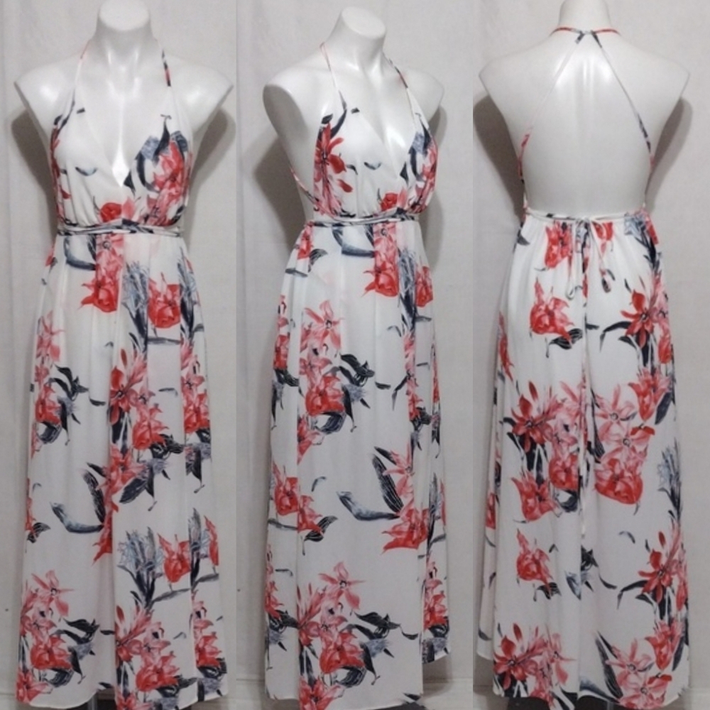 Simplee Boho Floral Halter Backless Maxi Dress Small Flowy Resort Summer Chic